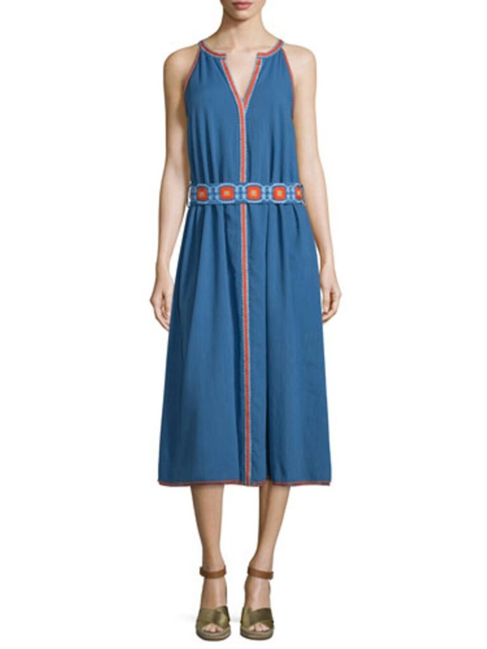 Tory Burch Savannah Embroidered Crepon Dress 4 Hudson Blue - Picture 3 of 11